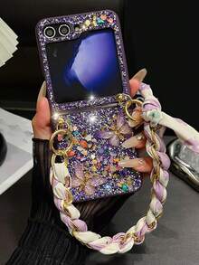 闪亮钻石蝴蝶时尚手机壳适用于三星 Z Flip 6 7 5 Z Flip 4 3 丝巾腕带保险杠保护套防水防震防摔防刮 - 紫色 - 查看 1