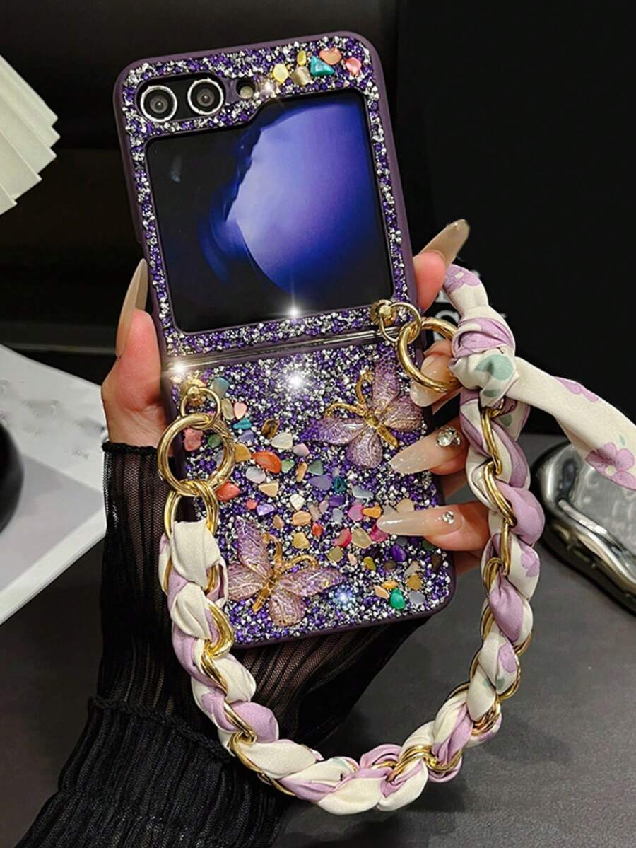 闪亮钻石蝴蝶时尚手机壳适用于三星 Z Flip 6 7 5 Z Flip 4 3 丝巾腕带保险杠保护套防水防震防摔防刮 - 紫色 - 查看 1
