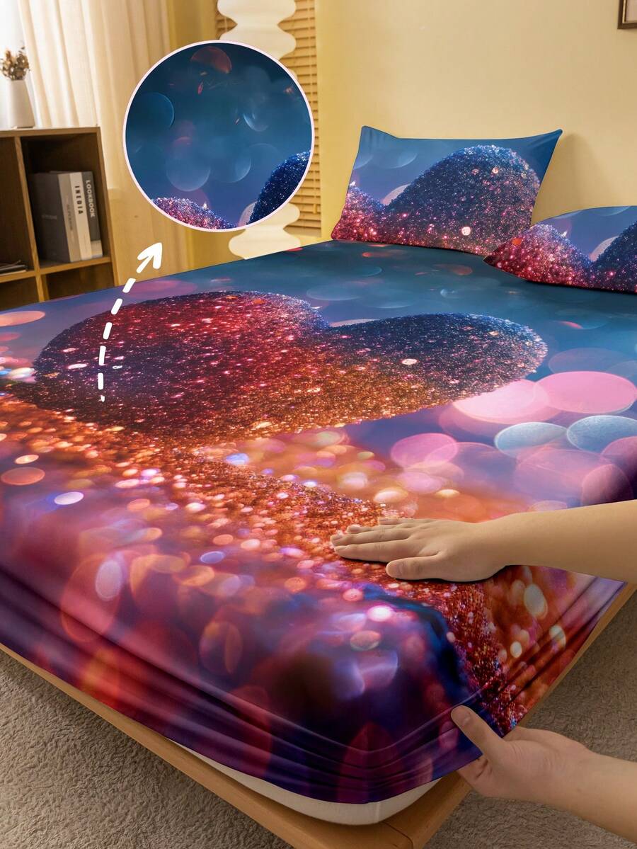 1pc Minimalist Modern Heart Geometric Bead Sparkle Pattern Digital Print Brushed Fitted Sheet, Bedroom Printed Bed Cover, Mattress Cover, Mattress Pad, Protector, Bed Linen (Pillow Case Not Included) - Multicolor - View 1