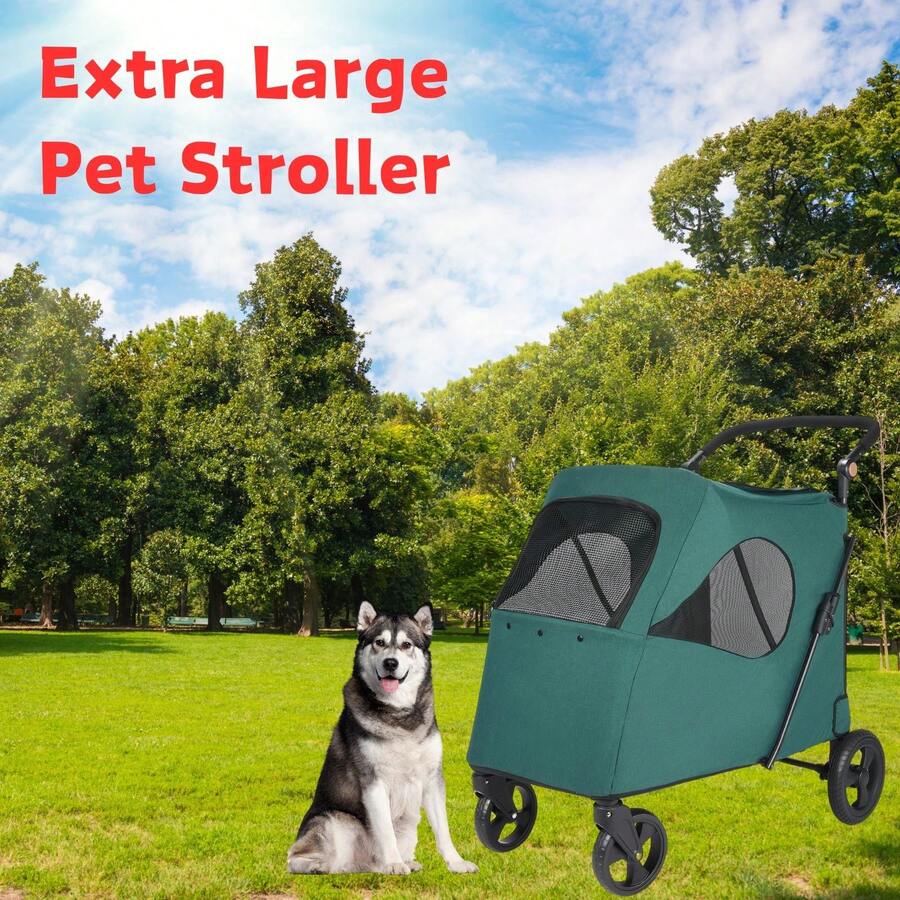 Extra Large Pet Stroller For Medium & Large Dogs Up To 120lbs – Heavy Duty Foldable Dog Stroller With 360° Swivel Wheels & Rear Brake – Adjustable Handle For Jogging, Walking, Vet Visits & Outdoor Adventures – Easy Fold Design For Travel & Storage