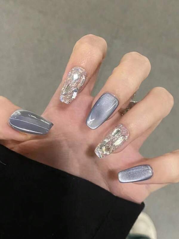 24pcs Medium Length Ballet Style Press-On Nails, Nail Art Decals, Nail Color, Glossy Finish | Blue Cat Eye | Rhinestone | Brightening, Suitable For Parties, Dates And Other Occasions, For Girls And Women, Includes 1 Nail File And 1 UV Gel