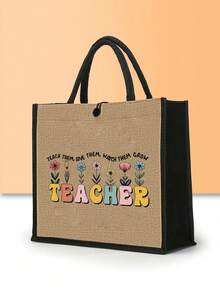 Sự sáng tạo được thể hiện qua những dòng chữ "Thầy cô", họa tiết hoa, hoạt hình và chữ cái in trên túi xách vải lanh, túi đựng mỹ phẩm có khóa kéo, túi đựng đồ vệ sinh cá nhân di động, túi trang điểm, túi xách tay dung tích lớn, túi to, túi mua sắm màu đen, ví đựng tiền xu, quà tặng tri ân thầy cô và túi xách vải lanh dung tích lớn dành cho nữ. Thích hợp cho du lịch, mua sắm, hoạt động biển và chuẩn bị cho năm học mới. - Nhiều màu - Xem 11