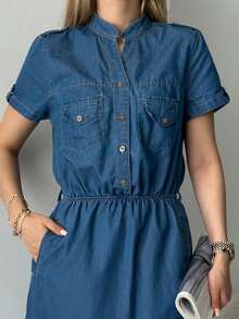 Casual Button Front Pocket Office Denim Dress - Blue - View 4
