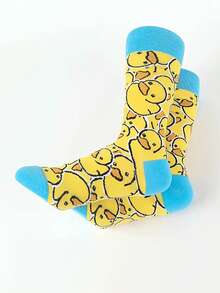 Men'S Cute Yellow Duck Crew Socks - Cartoon Animal Design Blue Accents, Fashionable & Playful, Fall Socks - Multicolor - View 5