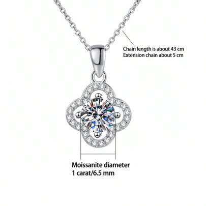 KAHOOT 925 Sterling Silver 1 Carat Moissanite Four-Leaf Clover Necklace For Men And Women, Couples, Classic, Romantic, Gentle, Elegant, Fashionable, Personalized, Design, High-End, Light Luxury, Niche, Gorgeous, Simple, Classic, Casual, Mature, Lively, Fresh