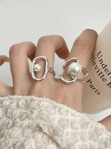 2pcs Pearl Rings Set For Women Couples New Elegant Creative Hollow Geometry Handmade Birthday Party Rings Jewelry Gifts