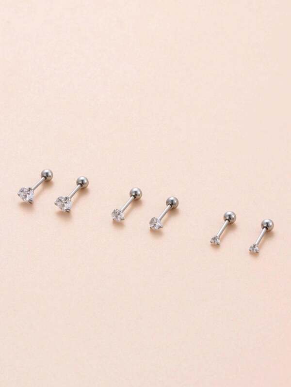 3 Pairs Petite Chic Minimalist Round Cubic Zirconia Stainless Steel Cartilage Stud Earrings