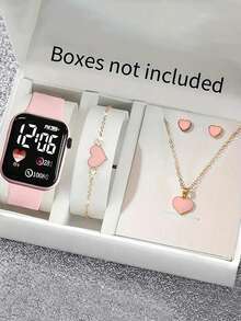 5件/套：1件新款LED数字显示方形电子表+4件时尚可爱爱心四叶草手链项链耳钉套装。万圣节、圣诞节、情人节、母亲节等节日礼物的最佳选择。