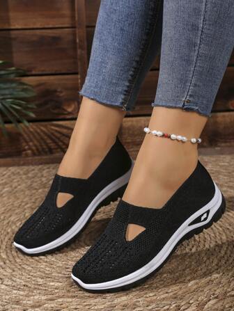 1 双针织镂空一脚蹬女鞋，透气舒适软底休闲鞋，多色百搭乐福鞋，适合妈妈大一码