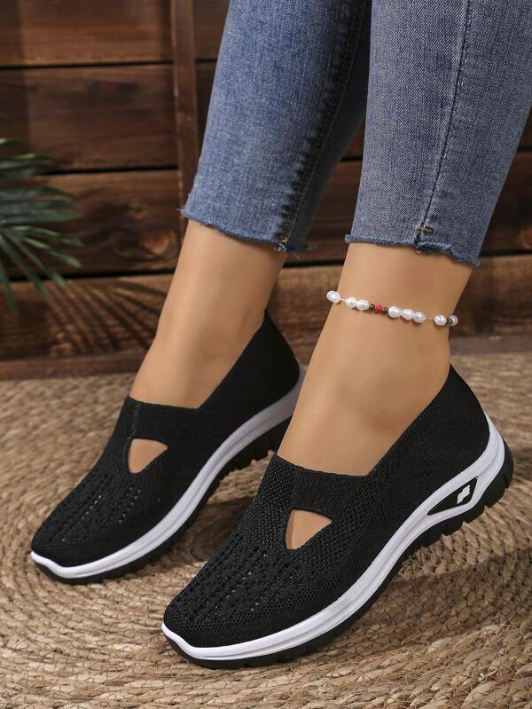 1 Pair Knitted Hollow Slip-On Women Shoes, Breathable Comfortable Soft Sole Casual Shoes, Multi-Color Versatile Loafers, Fit One Size Larger For Mothers