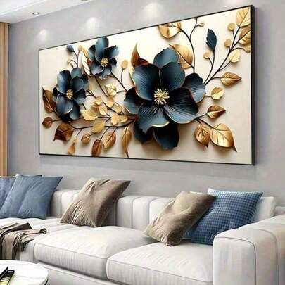 Arte de lienzo sin marco de gran tamaño vintage - Diseño floral moderno azul y dorado, elegante decoración de pared para sala de estar y dormitorio, decoración de habitación, mejor regalo. Sin marco, puede preparar un marco talla grande grande para que coincida con su pintura de pared; ensámblelo e instálelo usted mismo, disfrute plenamente de la diversión del bricolaje.