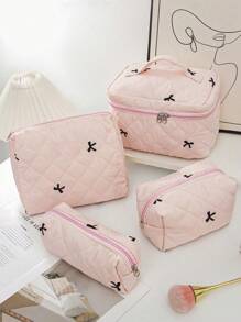 1pc New Embroidered Bow Makeup Bag, High-Aesthetic, Minimalist, Versatile, Quilted Checkered Embroidered Bow Pattern Women Cosmetic Organizer Pouch, Daily Essentials Storage, Student Pencil Case, Suitable For Shopping, Travel, Portable,For Holiday Beach, Bathroom Collection, Bedroom Collection, Large Capacity