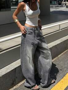 Straight Leg Light Gray Washed Jeans, American Casual Denim Style, Loose Wide Leg, Women's Fashion Spring/Summer Outfit - Light Grey - View 6