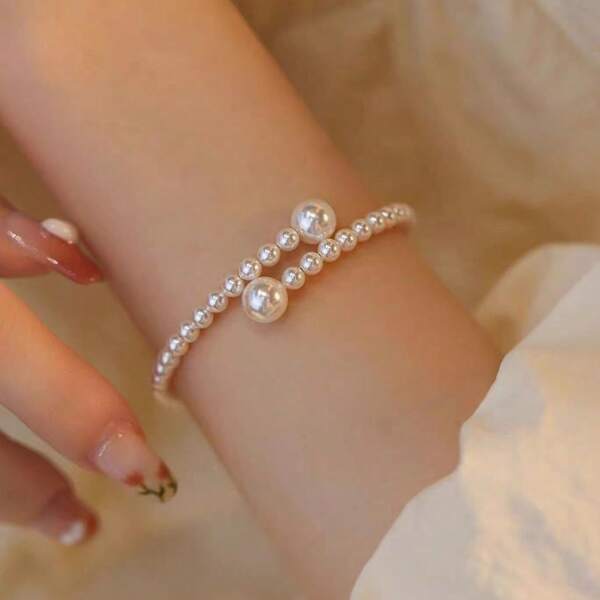 1pc Elegant Adjustable Faux Pearl Beaded Bracelet For Women, Geometric Design, Sophisticated Stylish Accessory For Daily Use, Parties, And Vacations, Vintage-Inspired Fashion Open Cuff - Ideal Gift
