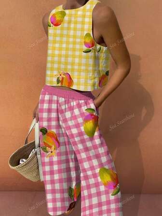 Tenue de vacances bohème printemps été Veste de vacances décontractée imprimée à carreaux multicolores et motifs de mangue pour femme. Ensemble deux pièces avec des imprimés uniques et aléatoires. Tenue de brunch pour femme