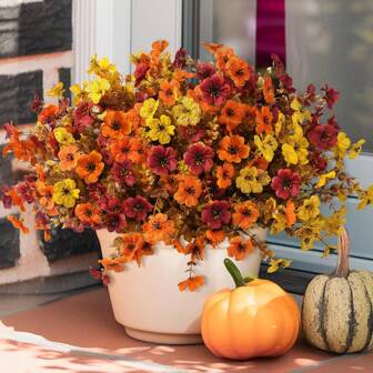 12 Pcs Artificial Flowers For Outdoor Decoration,Faux Daisy Flowers For Spring Decor,Realistic Eucalyptus Leaves Silk Mums Fake Plants For Garden Pot,Front Porch,Courtyard,Patio,Lawn (Orange Brown Yellow)
