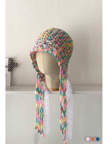 1pc Handmade Crocheted Tassel Tie Hollow Breathable Knitted Beanie Hat For Women, Colorful Floral Pattern, Large Size Fits All, Warm Ear Protection, Casual Versatile Knit Cap For Autumn/Winter