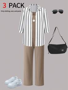 Women's 3-Piece Casual Outfit Set For Fall/Winter: Striped Shirt Jacket, Sleeveless Square Neck Top, And Elastic Waist Wide Leg Pants With Pockets - Khaki - View 2