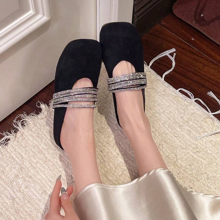 Elegant Ladies' Low Shoes With Rhinestones, A Strap And A Flat Cut For Slipping On And A Closed Toe