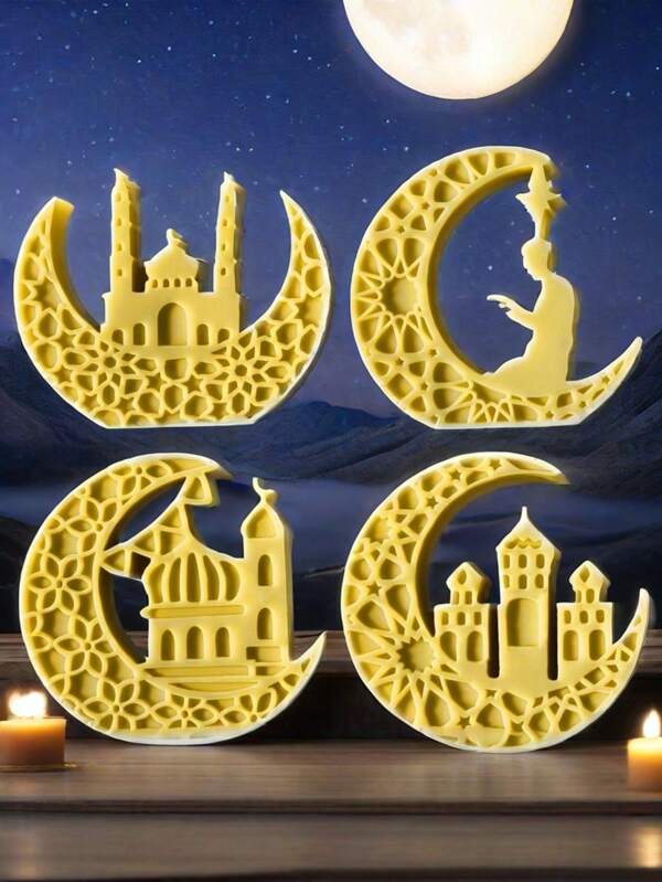 1pc Gold Eid Al-Fitr Moon & Islamic Architecture Silicone Mold - Easy To Clean, Suitable For DIY Candles, Wax Melts, Decorative Crafts, Religious Decor | Islamic Art Crafts | Detailed Embossed Pattern, Islamic Home Decor