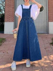Women's Loose Wide Leg Denim Dress With Non Elastic Front Pocket, Adjustable Lace Up, Casual Loose Denim Shoulder Strap Skirt - Rửa trung bình - Xem 3