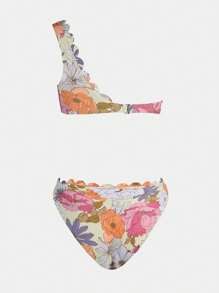 Women's Bikini Sets Two Piece Bathing Suit One Shoulder Mid Rise Scalloped Wide Strap Back Hook - 粉色 - 查看 7