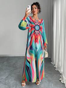 1 件女式传统阿拉伯长裙，圆领开叉 V 领宽松喇叭袖菱形印花休闲连衣裙，优雅奢华节日派对晚礼服 - 綠色 - 查看 6