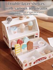 木制冰淇淋柜台玩具套装，适合儿童，幼儿女孩玩具厨房玩具套装，适合 3 4 5 6 岁女孩或男孩的角色扮演礼物，食物舀取和盛放玩具，适合 3-8 岁儿童的厨房套装