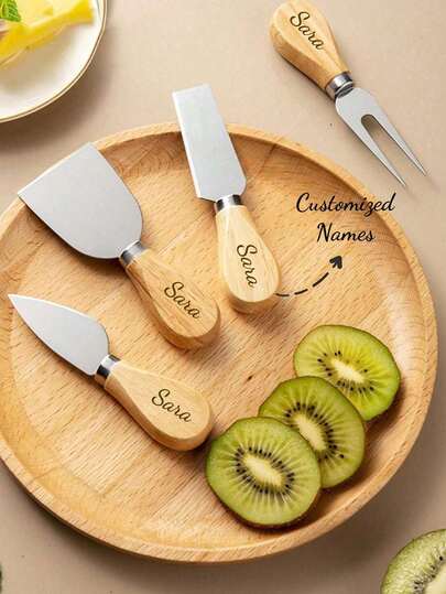 1pc/4pcs Customizable Name Cheese Deli Knife And Fork Set Wood Stainless Steel Portable Suitable For Bride Bridegroom Mom, Grandmother, Family Outdoor Kitchen Wedding Mother's Day Gift