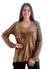 Women's Metallic Knit Blouse V Neck For Women Foil Modern Wool-Like Fabric Knit Evening Holiday Formal And Night Street Photoshoot Travel - Rust Brown - View 2