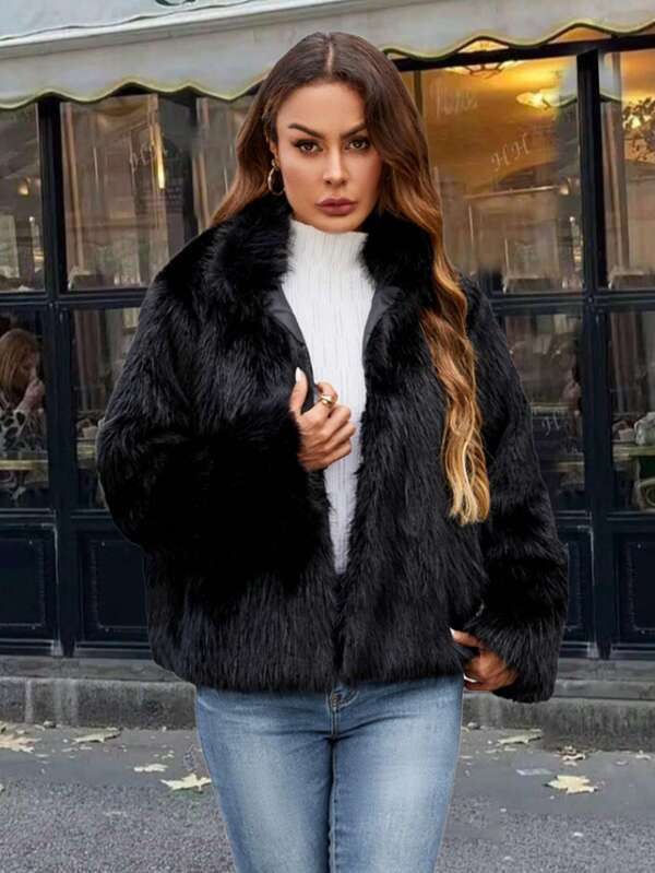 1pc Women's Solid Color Faux Fur Jacket, For Birthday Party, Holiday, Evening Date, Casual Wear, Travel, Long Sleeve, Autumn/Winter