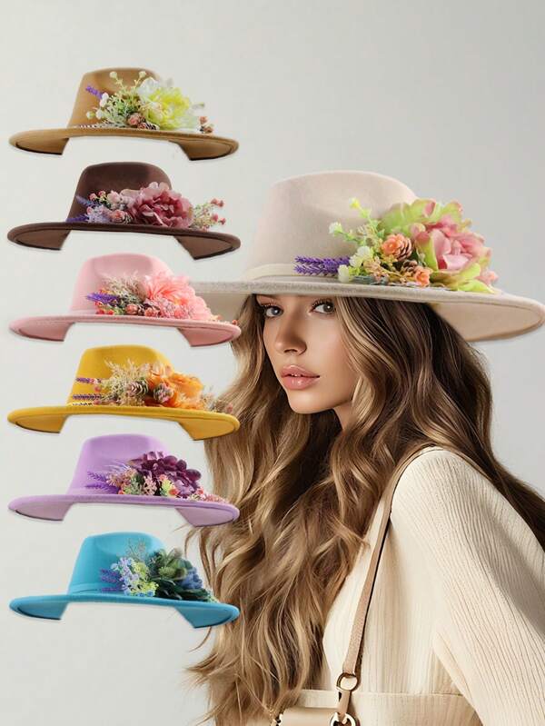 1pc Fashion Women's Western Cowboy Hat Floral Hat Elegant Sun Hat Wedding Holiday Mother's Day Gift Beach Sun Hat