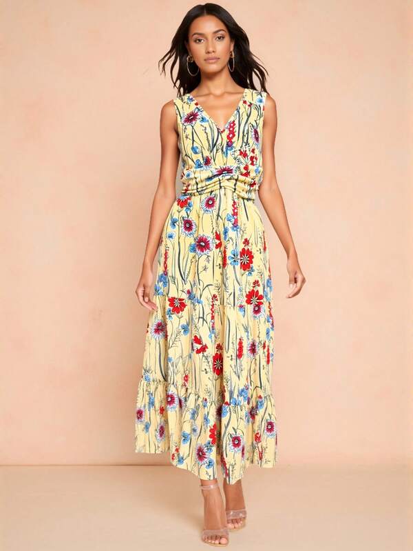 Ärmelfreies Damen Kleid mit tiefem V-Ausschnitt, hoher Taille und A-Linie, im arabischen Stil für den Urlaub