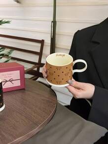 1 件优雅蝴蝶结心形陶瓷杯，浪漫茶咖啡杯，黑棕色情侣套装，牛奶/早餐杯，情人节礼物，送给闺蜜，返校