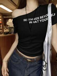 字母印花露肩短款 T 恤，修身夏季性感女式 T 恤 - 黑色 - 查看 7