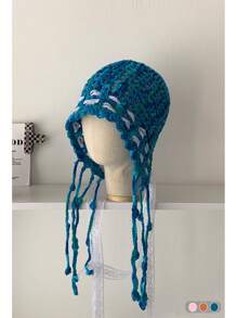 1pc Handmade Crocheted Tassel Tie Hollow Breathable Knitted Beanie Hat For Women, Colorful Floral Pattern, Large Size Fits All, Warm Ear Protection, Casual Versatile Knit Cap For Autumn/Winter