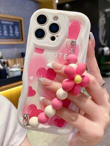 1pc Cute Pink Heart Beaded Anti-Slip Cord Compatible With IPhone 16, 15, 14, 13, 12, 1, IPhone 17/17 Air/17 Pro/17 Pro Max, 1 Pro Max Plus X XS XR Soft Silicone INS Phone Protective Case - Pink - View 3