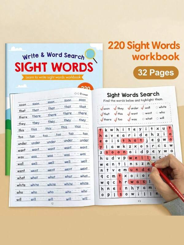 A4 English Learning Book, 220 High Frequency Words Writing Practice Notebook