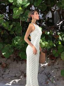 Vestido de punto sin mangas de verano para mujer PARA BELLEZA, delgado y sexy, con un diseño de rayas microperforadas, apropiado para vestidos largos de vacaciones