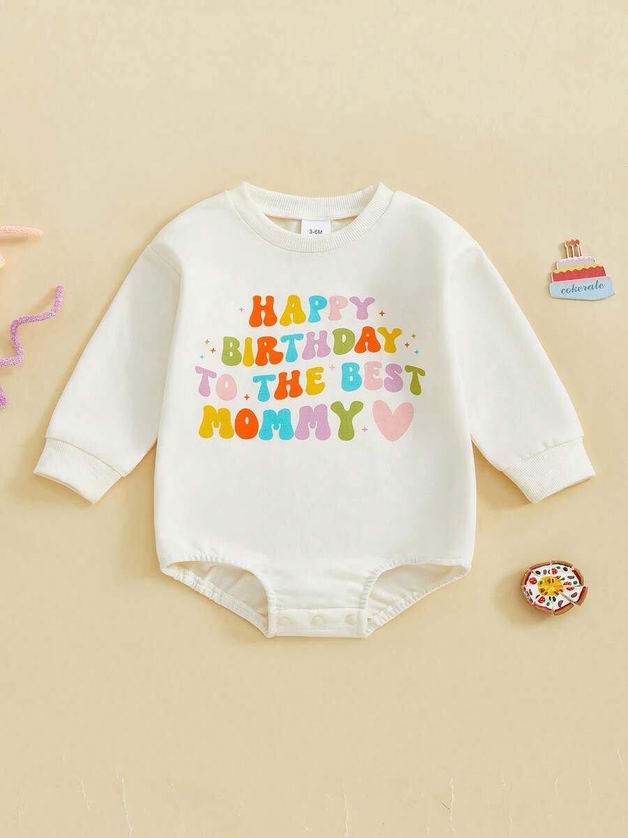 Baby Girl Boy Birthday Jumpsuit Long Sleeve Round Neck Letter Print Loose Romper - Multicolor - View 1