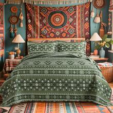 Green Boho Style Queen King Quilt Set Reversible Bohemian Strip Quilt Beddding Set, Soft And Lightweight Bedspread For All Season, Bed Coverlet With 2 Matching Pillow Shams (3 Pieces) - màu xanh lá - Xem 1