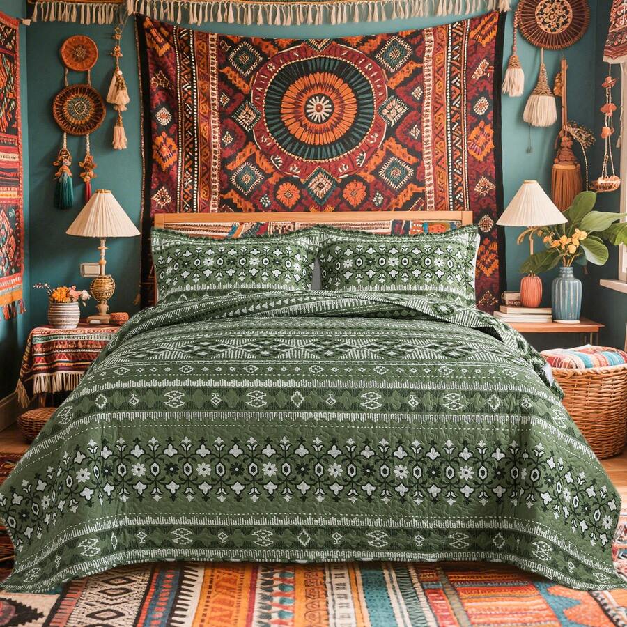 Green Boho Style Queen King Quilt Set Reversible Bohemian Strip Quilt Beddding Set, Soft And Lightweight Bedspread For All Season, Bed Coverlet With 2 Matching Pillow Shams (3 Pieces) - màu xanh lá - Xem 1