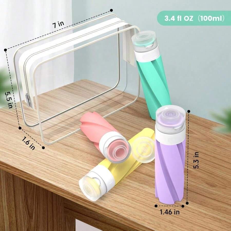 CasaCulina 4 Pack Silicone Travel Bottles For Toiletries, TSA Approved 3.4oz Leak Proof Shampoo And Conditioner Travel Size Essentials Toiletry Bottles, Refillable Traveling Liquid Containers