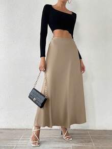 Simple Plain Satin Long Skirt For Daily Use And Elegant With Zipper Beachwear - Beige - View 4