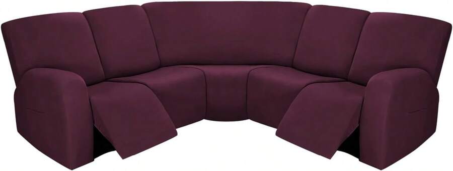 7-Pieces Sectional Sofa Covers, Extra Large Sectional Recliner Couch Covers For Reclining L Shape Couches Sofas, Stretch Washable Fleece Sofa Slipcovers With Pockets, 5 Seat, Wine - 彩色 - 查看 1