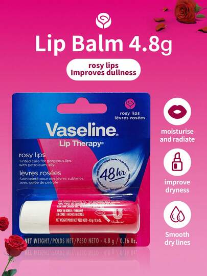 Vaseline 1支4.8克玫瑰香型凡士林润唇膏，蕴含玫瑰精油和保湿因子，质地柔滑，香味持久，提亮唇色，滋养双唇，适合日常使用。