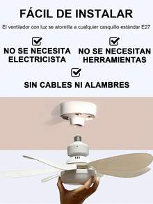 Ventilador con luz de casquillo de 50W/60W, ventilador de techo de 20.5" con luz y control remoto, ventilador de casquillo E27 con LED para baño, dormitorio, ventilador LED blanco,bombilla de base E27, 3 colores 3000K-6500K, ventilador con luz regulable para garaje, baño, dormitorio, cocina, 4000 lúmenes. - 60W - Ver 8