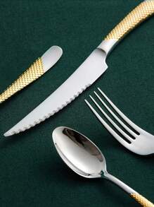 银器套装 - 4/16/24 件节日派对餐具套装 - 1/4/6 件餐具套装 - 带金色装饰的银色餐具套装 - 非常适合家庭聚会、婚礼、生日、招待会和活动餐桌服务用品和日常使用 - 勺子、刀子、茶匙、叉子 - 彩色 - 查看 5