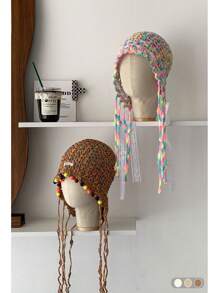 1pc Handmade Crocheted Tassel Tie Hollow Breathable Knitted Beanie Hat For Women, Colorful Floral Pattern, Large Size Fits All, Warm Ear Protection, Casual Versatile Knit Cap For Autumn/Winter