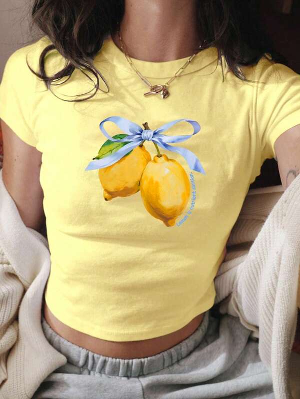 Women's Summer Letter Fruit Printed Cropped Round Neck Short Sleeve Silm Fit Casual T-Shirt,Lemon & Bow Graphic Tees Women Tops,For Summer Women Tee